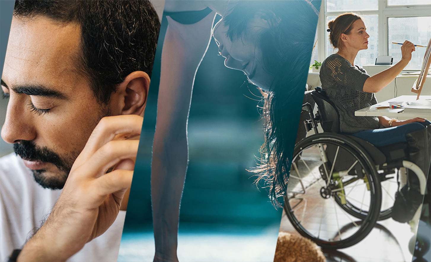 Τρεις ενωμένες εικόνες, που απεικονίζουν ένα άτομο με κλειστά μάτια, ένα άτομο να κάνει κατακόρυφο και ένα άτομο σε αναπηρικό αμαξίδιο να ζωγραφίζει σε καμβά.