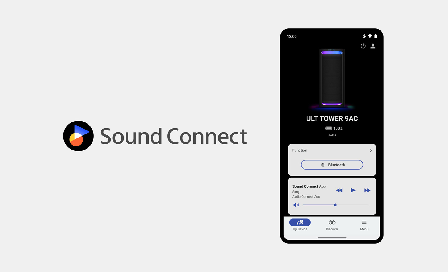 Το λογότυπο Sound Connect δίπλα σε μια εικόνα ενός κινητού τηλεφώνου. Στην οθόνη φαίνεται η εφαρμογή Sony Connect την ώρα που είναι ενεργή και χρησιμοποιείται