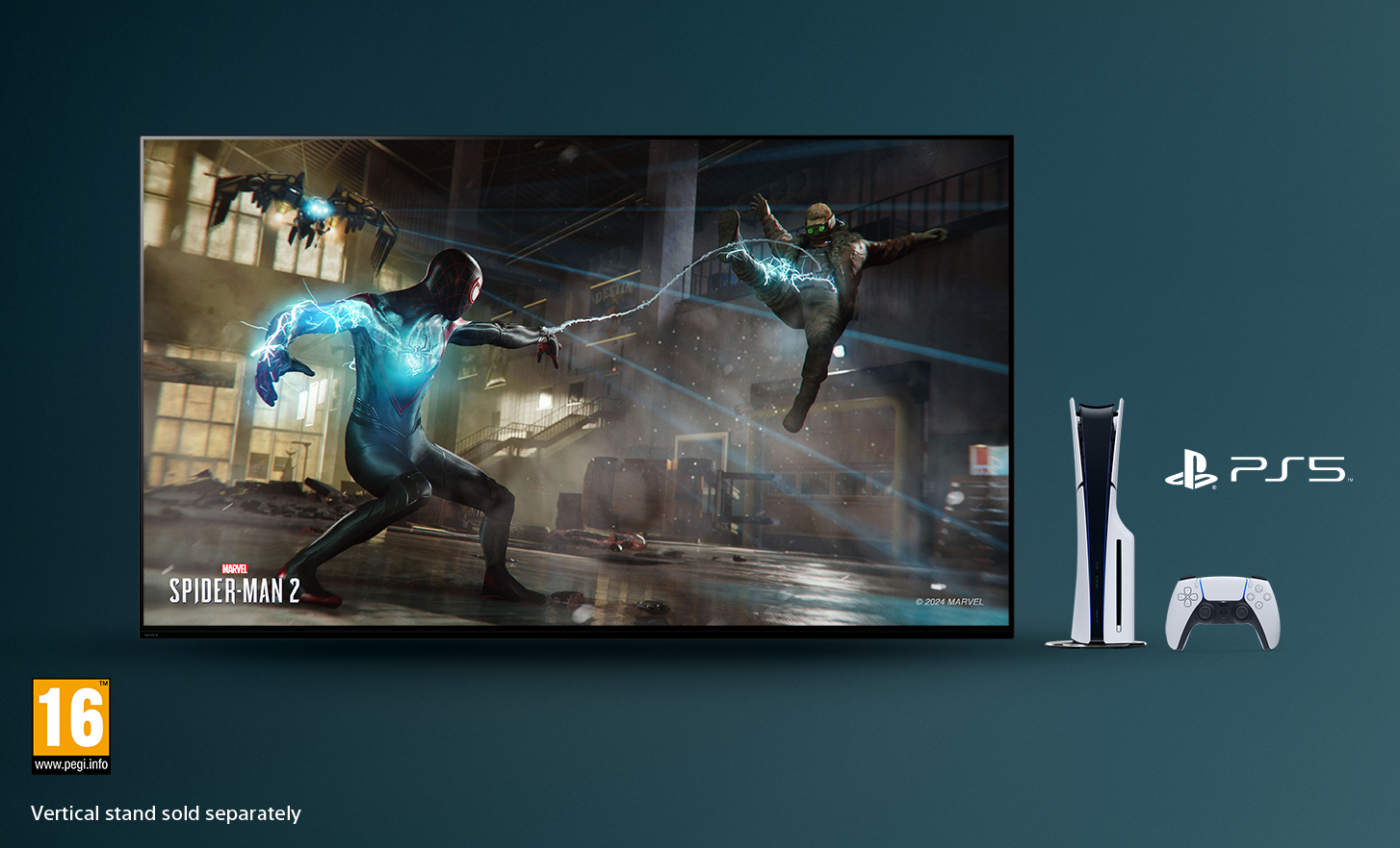 Τηλεόραση με στιγμιότυπο οθόνης το SPIDER-MAN 2 της Marvel, κονσόλα PlayStation® 5, ένα χειριστήριο στα δεξιά και λογότυπο PEGI 16 κάτω αριστερά